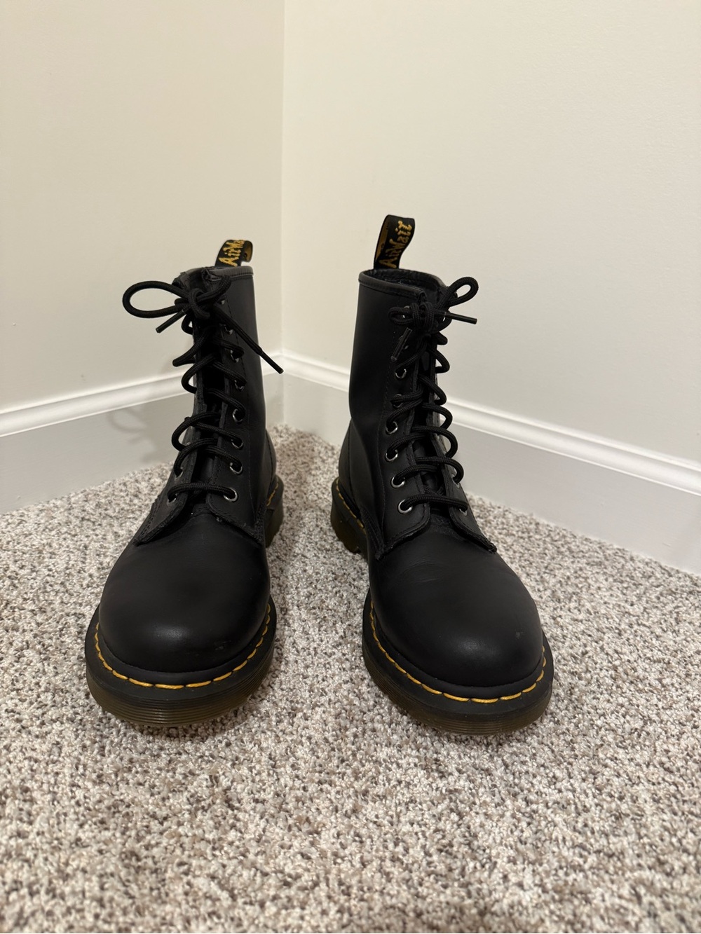 Dr. Martens Black Leather Lace-Up Combat Boots with Yellow Stitching